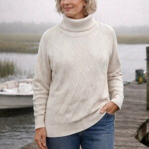 Talbots Ribbed Pointelle Cream Turtleneck Fisherman Sweater size medium